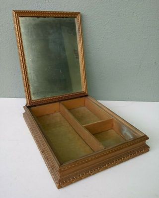ANTIQUE GILT WOODEN JEWELRY BOX w/ FRAMED LITHOGRAPH MIRRORED LID 2