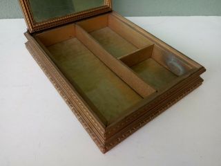 ANTIQUE GILT WOODEN JEWELRY BOX w/ FRAMED LITHOGRAPH MIRRORED LID 3