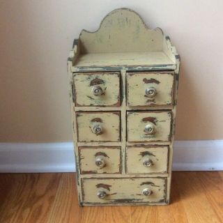 Vintage Primitive Wood Mustard Over Green Painted 7 - Drawer Spice Cabinet