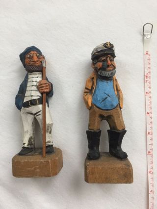 Set Of 2 Nautical Vintage Wood Hand Carved Figure Sailors Captain