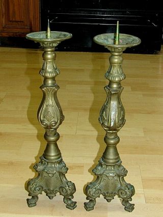 Antique 18 " Tall Vintage Brass Column Banquet Gothic Candlestick Lamps