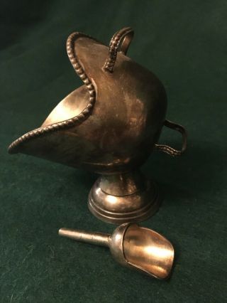 Rare Vintage Miniature Silver Coal Scuttle Bucket With Shovel Skuttle