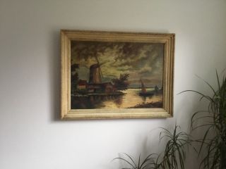 Large Vintage " Dutch Landscape Scene " Oil On Canvas Painting - Not Signed