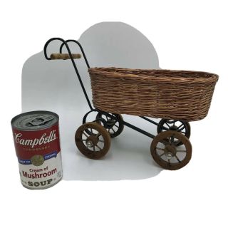 Antique Wicker Wrought Iron Doll Carriage Miniature Folk Art Wood Wheels Vintage