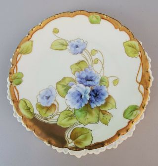 Vintage Bavaria Decorative Plate Signed Blue Floral Leaves Gold Gilt