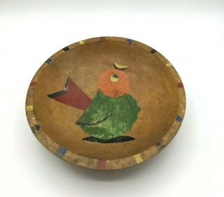 Vintage Hand Painted Primitive Round Wooden Dough Bowl W/ Bird