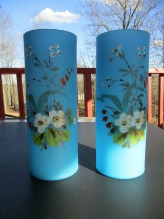 Pair Vintage Blue Glass 8 1/2 " Bristol Vases Hand Painted Flowers