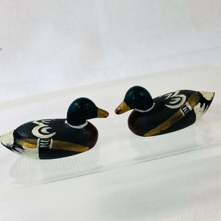 2 Vtg Cast Iron Mallard Duck Decoy Paperweights W/ Paint Miniature Mini