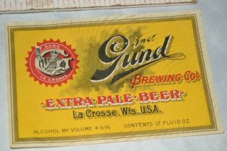 Vtg Gund Brewing Pre - Prohibition Extra Pale Beer Bottle Gold Label La Crosse Wi