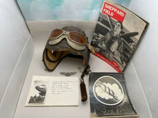 Vintage Wwii Leather Flight Helmet,  An6530 Goggles,  Sterling Wings &
