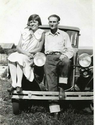 Western Sweethearts And Automobile Cuffed Jeans 1930s Vintage Snapshot Photo