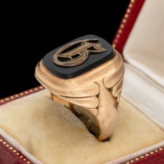 Antique Vintage Deco 10k Gold Onyx Signet Seal " G " Initial Mens Band Ring Sz 8