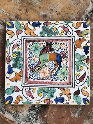 Vintage Hand painted Made In Portugal - Portuguese Dog Floral Decorative Tile 3