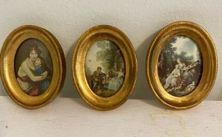 3 Antique Small Painting Prints In Gold Frames Miniature Doll House 1960s Italy