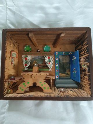 Vintage German Diorama Shadow Box Kitchen Hand Painted Carved Wood W/light