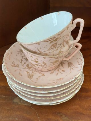 2 19th C Old Paris Porcelain Soft Pink & Gold Cups & Saucers France Plus Extra