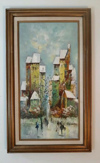 Vintage French Impressionist Oil Painting Of Park Scene On 12x24 Canvas Signed