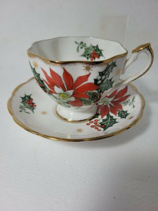 Vintage Queen Anne Fine Bone China " Noel " Tea Cup & Saucer Poinsettia