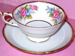 Paragon Cup And Saucer Pink Flowers Blue Bone China (for Jeremy Customer Only)
