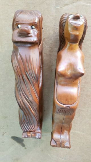 Vintage French Wood Figure Nut Cracker Hand Carved Nude Man And Women Long Hair