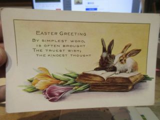 Old Postcard Victorian Era Happy Easter Sunday Bunny Rabbits Reading Book Study