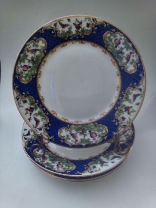 4 English Porcelain Dessert Plates 19th C.  Cobalt Border W/ Birds & Butterflies