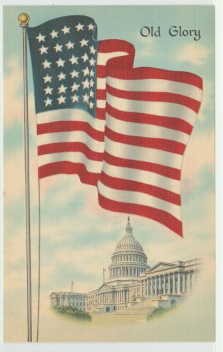 Postcard Usa American Flag,  Old Glory,  Patriotic Vintage Linen Capitol