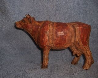 Antique Vintage Wood Wooden Primitive Folk Art Hand - Carved Spotted Cow Figurine