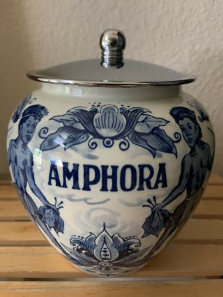 Vintage Hand Painted Delft Blue Holland Amphora Tobacco Jar And Lid