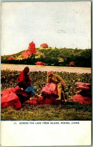 Vintage Beijing China Postcard " Across The Lake From Island,  Peking " 1910 Cancel