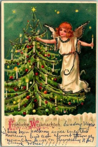 Vintage 1900 German Christmas Postcard Angel Girl Xmas Tree Candles / Glitter