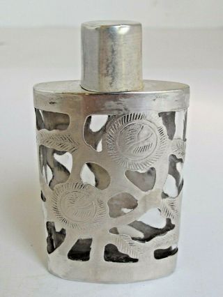 Vintage Sterling Silver Overlay Floral Glass Perfume Bottle Made In Mexico