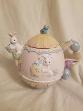 3 - D 3 Piece Ceramic Teapot W Lid Bunny Rabbit & Easter Egg Design By Wcl