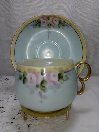 Vintage Antique Hand Painted Pink Roses Tea Cup & Saucer Gold Handle.