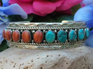 Intricate Vintage Native American Navajo Turquoise Spiny Oyster Cuff Bracelet