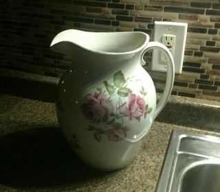 Vintage Large Chamber Pitcher Wash Pot Floral Rose Design Porcelain Gold Trim