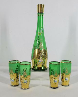 Bohemian Czech Moser Crystal Emerald Green & Gilt Gold 5 Piece Drink Set Nr Yqz