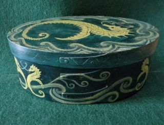 Vintage Wood Oval Shaker Style Finger Lap Box Handpainted W/seahorses - England