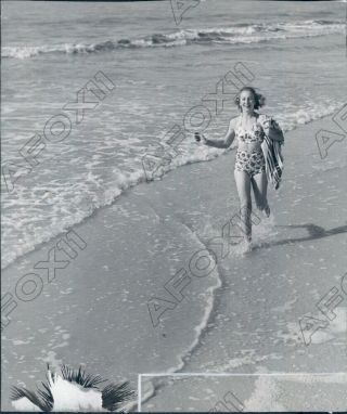 1940 Pretty Girl Runs On Beach In Swim Suit At Clearwater Florida Press Photo