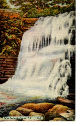 Little Falls - Scenic Waterfall - South Cairo - York - Ny - Vintage Linen Postcard