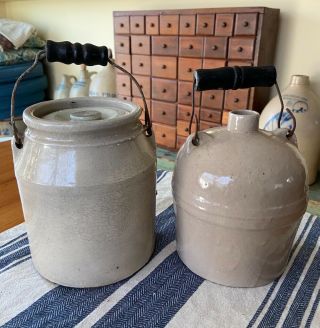 Antique Stoneware Swing Handle Jug And Preserves Jar W/ Lid