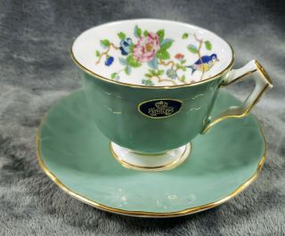 Aynsley Bone China Tea Cup Saucer Set Pembroke Green 2902 Bird Floral