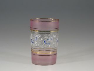 Victorian Glass Crystal Tumbler Handpainted Pink Bands White Dot Motif C.  1900