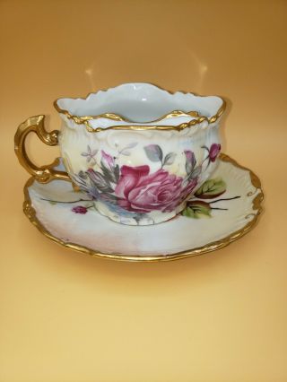 Floral Porcelain Left Handed Mustache Tea Coffee Cup & Saucer Set Jp1200 Euc