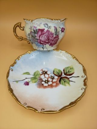 Floral Porcelain Left Handed Mustache Tea Coffee Cup & Saucer Set JP1200 EUC 2