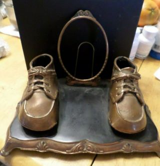 Vintage Bronze Baby Shoes With Oval Frame - Senti - Metal Co Columbus Ohio