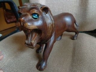 Vintage & Unique Hand - Carved Wooden Lion W/ Glass Marble Eyes
