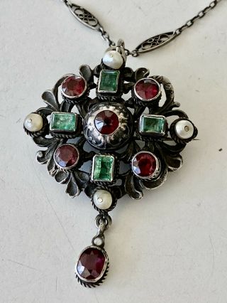 Antique Austro - Hungarian Silver Garnet,  Emerald,  Pearl Necklace/brooch