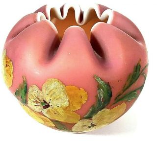 Victorian Rose Bowl Art Glass Satin Hand Painted Pink & Yellow Floral Antique