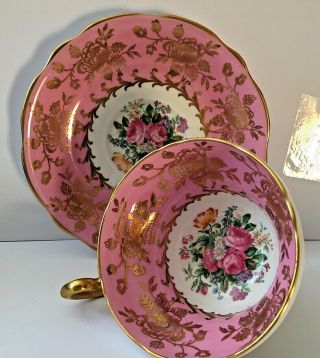 Antique E.  B.  Foley Bone China Tea Cup And Saucer Pink Roses & Gold